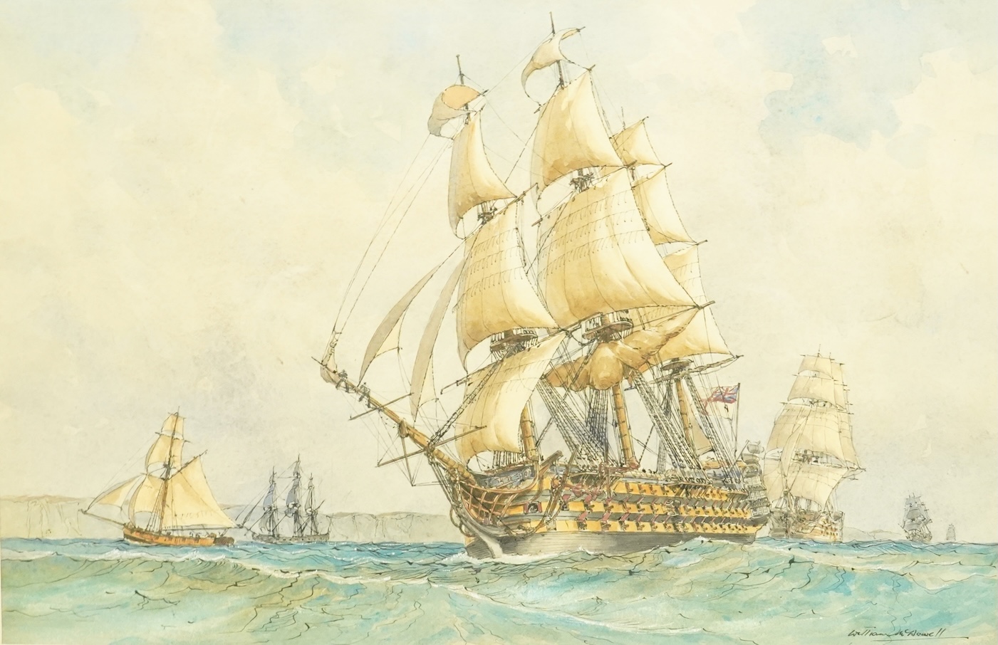 William McDowell (1888-1950), 18th century warships off the coast, ink and watercolour, 33 x 50cm